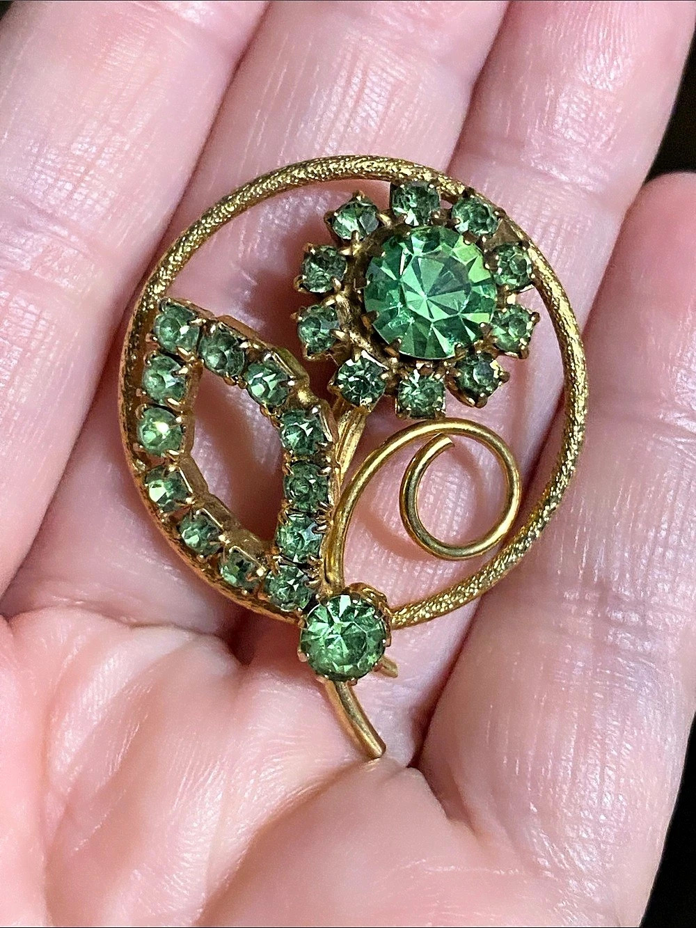 VTG Green & Gold Floral Brooch